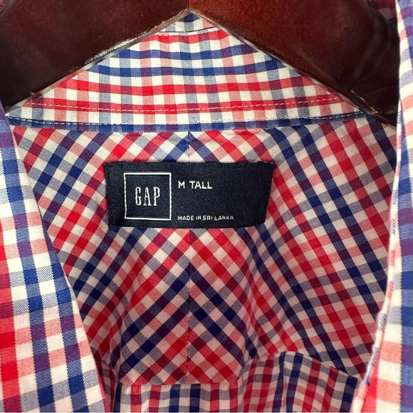 GAP Red Blue gingham plaid Casual Button Down Shirt medium tall nautical preppy - Picture 2 of 6